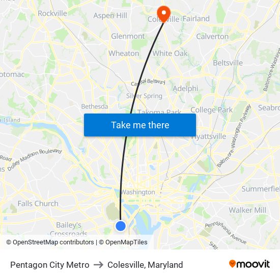 Pentagon City Metro to Colesville, Maryland map