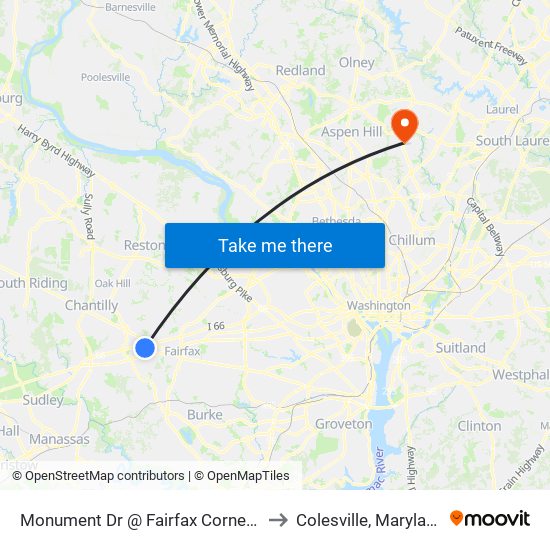 Monument Dr @ Fairfax Corner A to Colesville, Maryland map