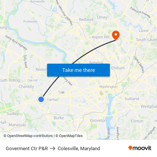 Goverment Ctr P&R to Colesville, Maryland map