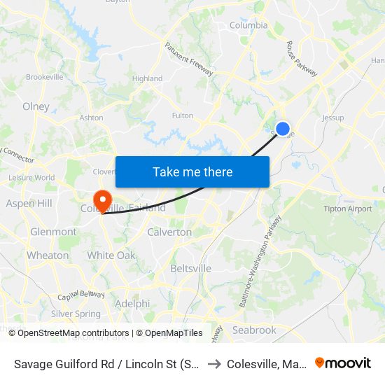 Savage Guilford Rd / Lincoln St (Southbound) to Colesville, Maryland map