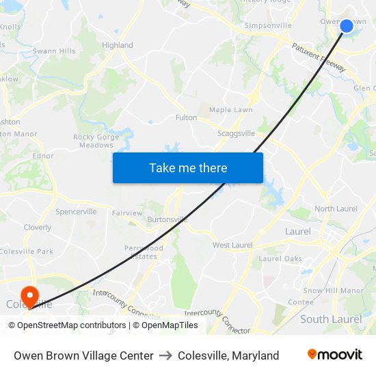 Owen Brown Village Center to Colesville, Maryland map