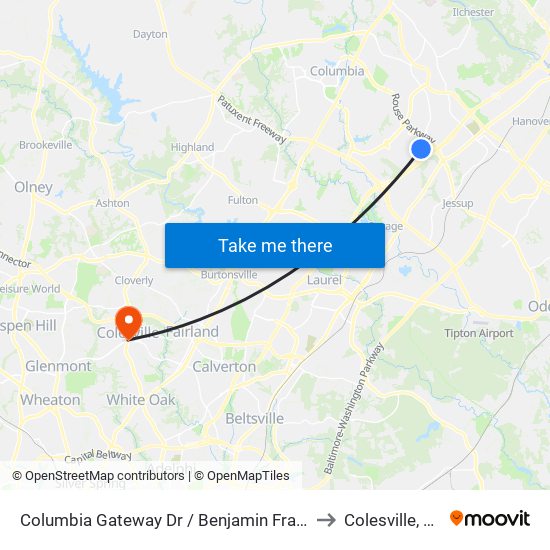 Columbia Gateway Dr / Benjamin Franklin Dr to Colesville, Maryland map