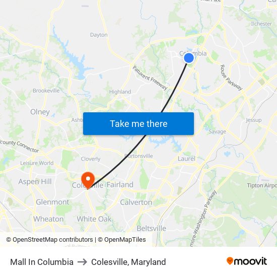 Mall In Columbia to Colesville, Maryland map