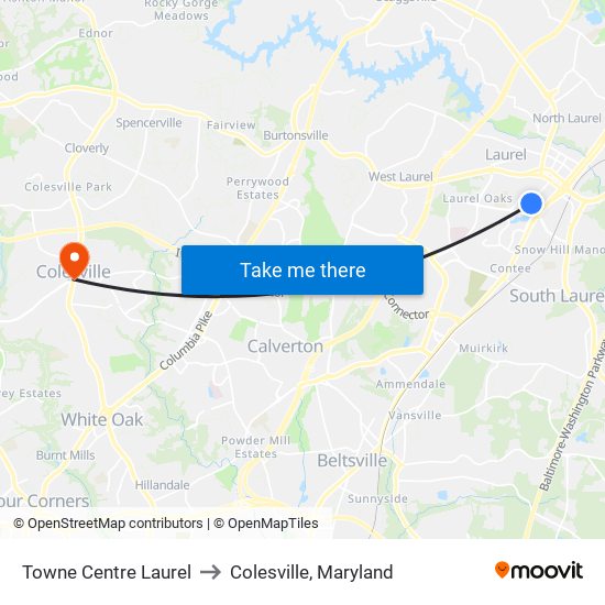 Towne Centre Laurel to Colesville, Maryland map