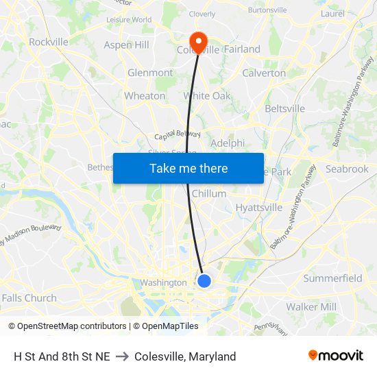 H St And 8th St NE to Colesville, Maryland map