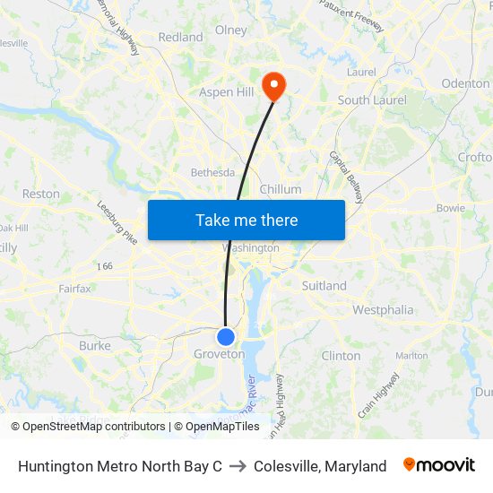 Huntington Metro North Bay C to Colesville, Maryland map