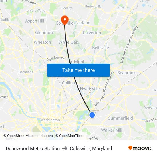 Deanwood Metro Station to Colesville, Maryland map