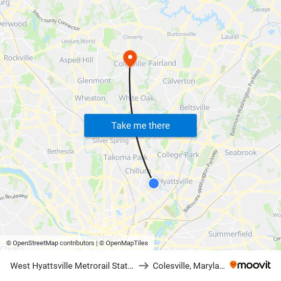 West Hyattsville Metrorail Station to Colesville, Maryland map