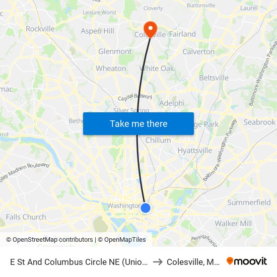 E St And Columbus Circle NE (Union Station) (Eb) to Colesville, Maryland map