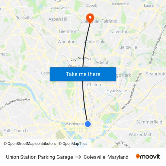Union Station Parking Garage to Colesville, Maryland map