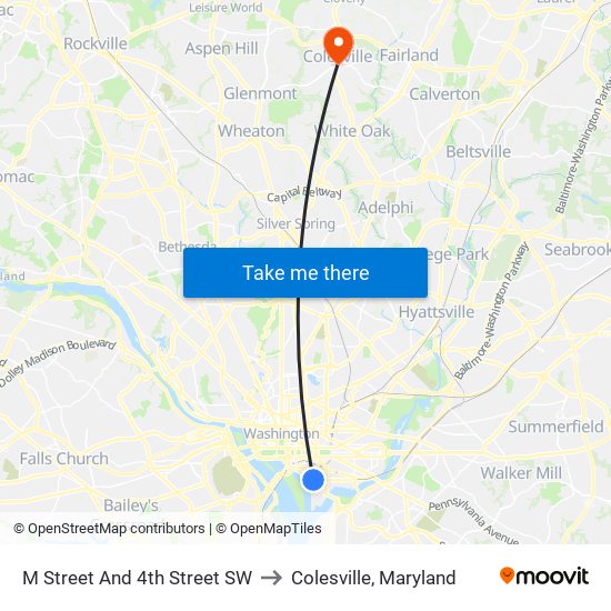 M Street And 4th Street SW to Colesville, Maryland map