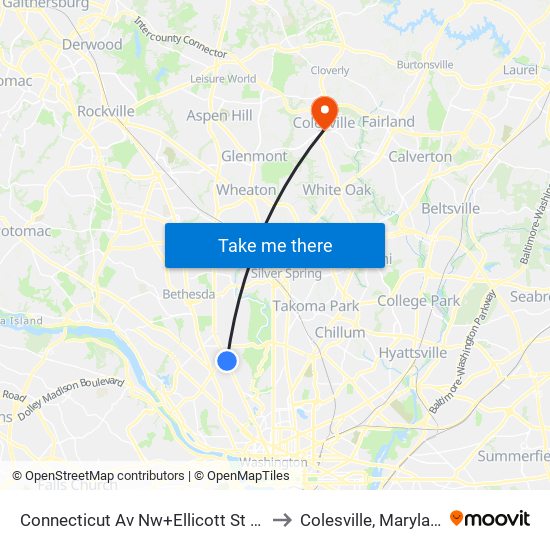 Connecticut Av Nw+Ellicott St NW to Colesville, Maryland map