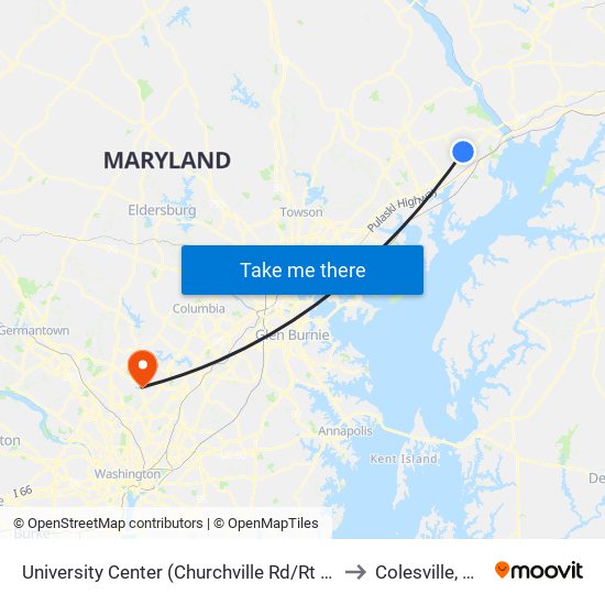 University Center (Churchville Rd/Rt 22 & Technology Dr) to Colesville, Maryland map