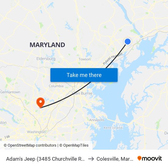 Adam's Jeep (3485 Churchville Rd/Rt 22) to Colesville, Maryland map