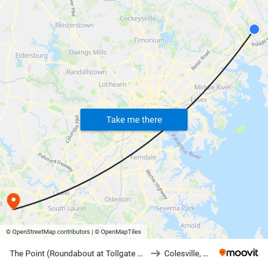 The Point (Roundabout at Tollgate Rd & Westover Ln) to Colesville, Maryland map