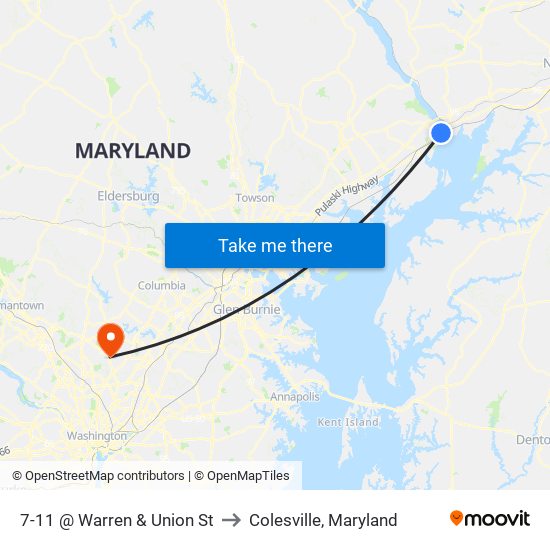 7-11 @ Warren & Union St to Colesville, Maryland map