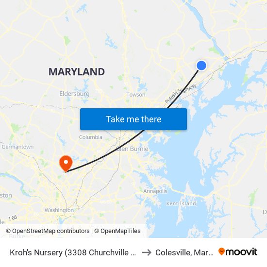 Kroh's Nursery  (3308 Churchville Rd/Rt 22) to Colesville, Maryland map