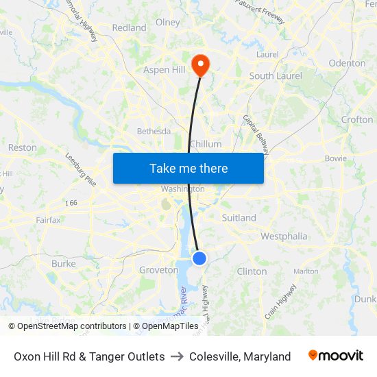 Oxon Hill Rd & Tanger Outlets to Colesville, Maryland map