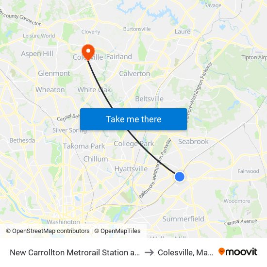 New Carrollton Metrorail Station at Bus Bay K to Colesville, Maryland map