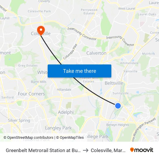 Greenbelt Metrorail Station at Bus Bay E to Colesville, Maryland map