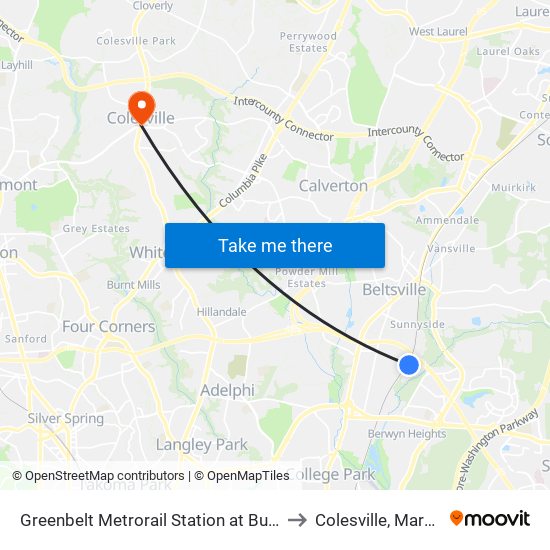 Greenbelt Metrorail Station at Bus Bay A to Colesville, Maryland map