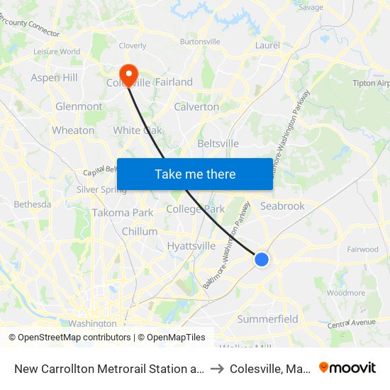 New Carrollton Metrorail Station at Bus Bay F to Colesville, Maryland map