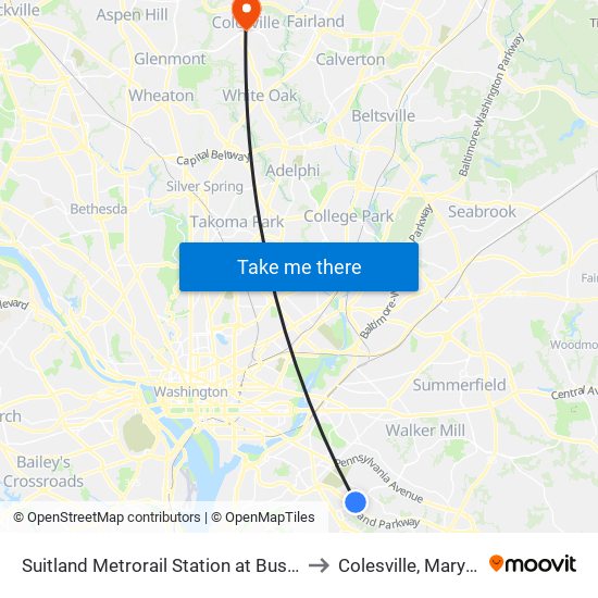 Suitland Metrorail Station at Bus Bay D to Colesville, Maryland map