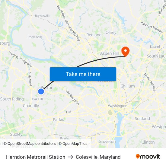 Herndon Metrorail Station to Colesville, Maryland map