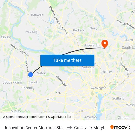 Innovation Center Metrorail Station to Colesville, Maryland map