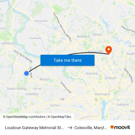 Loudoun Gateway Metrorail Station to Colesville, Maryland map