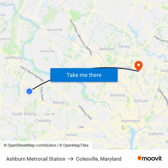 Ashburn Metrorail Station to Colesville, Maryland map