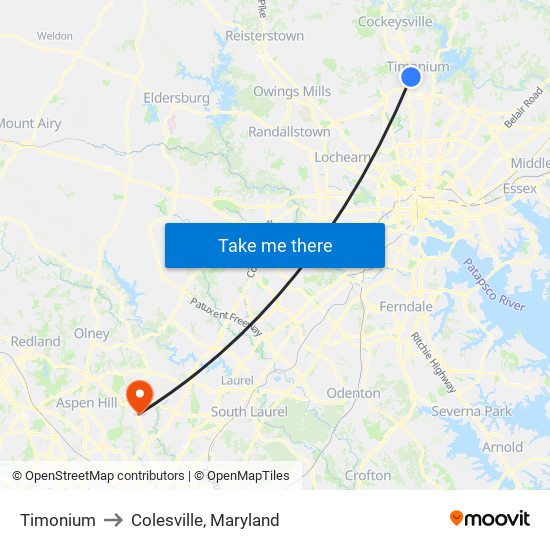 Timonium to Colesville, Maryland map