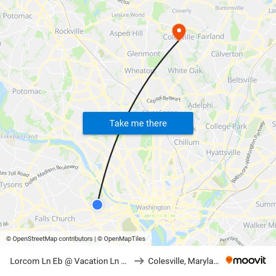 Lorcom Ln Eb @ Vacation Ln Ns to Colesville, Maryland map