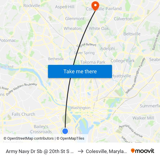 Army Navy Dr Sb @ 20th St S Ns to Colesville, Maryland map