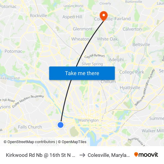 Kirkwood Rd Nb @ 16th St N FS to Colesville, Maryland map