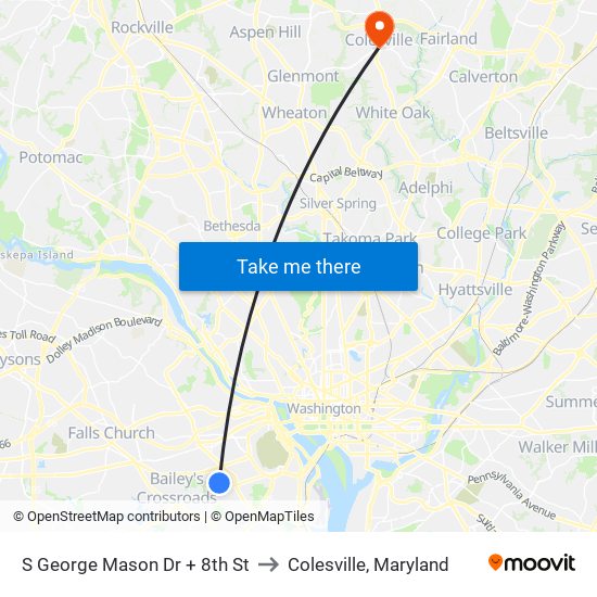 S George Mason Dr + 8th St to Colesville, Maryland map