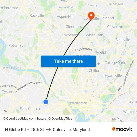 N Glebe Rd + 25th St to Colesville, Maryland map