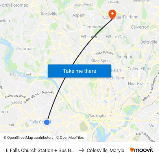 E Falls Church Station + Bus Bay D to Colesville, Maryland map