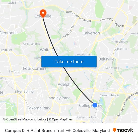 Campus Dr + Paint Branch Trail to Colesville, Maryland map