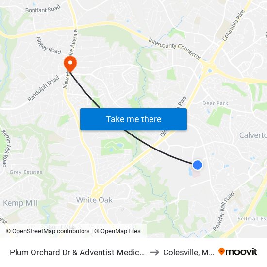 Plum Orchard Dr & Adventist Medical Cen White Oak to Colesville, Maryland map