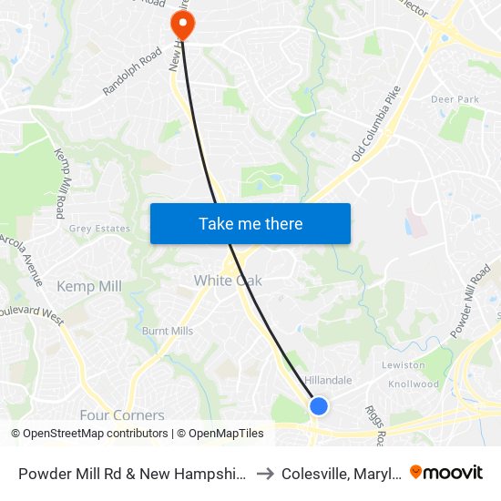 Powder Mill Rd & New Hampshire Ave to Colesville, Maryland map