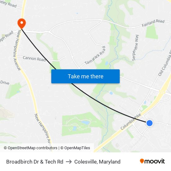 Broadbirch Dr & Tech Rd to Colesville, Maryland map