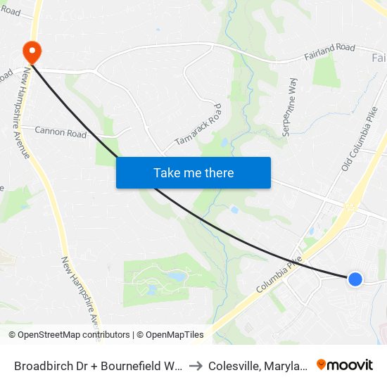 Broadbirch Dr + Bournefield Way to Colesville, Maryland map