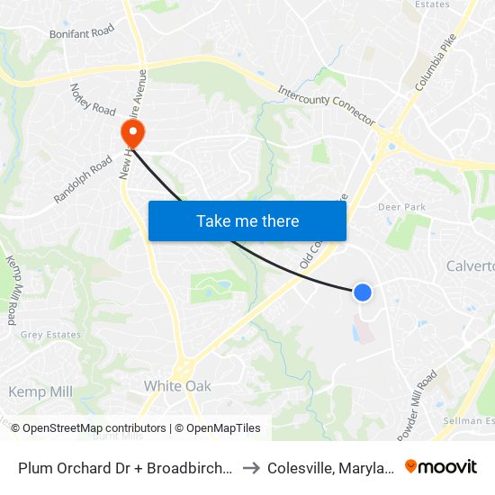 Plum Orchard Dr + Broadbirch Dr to Colesville, Maryland map