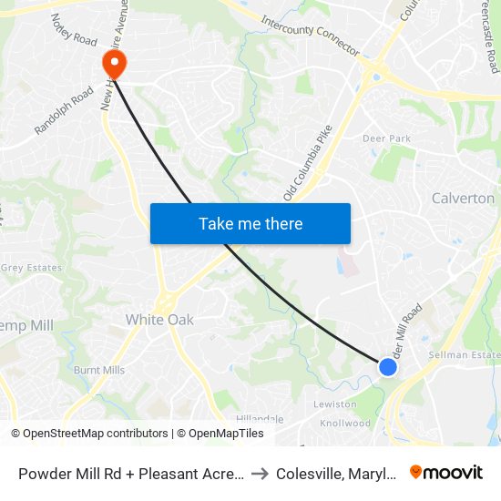 Powder Mill Rd + Pleasant Acres Dr to Colesville, Maryland map