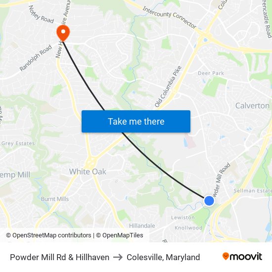 Powder Mill Rd & Hillhaven to Colesville, Maryland map