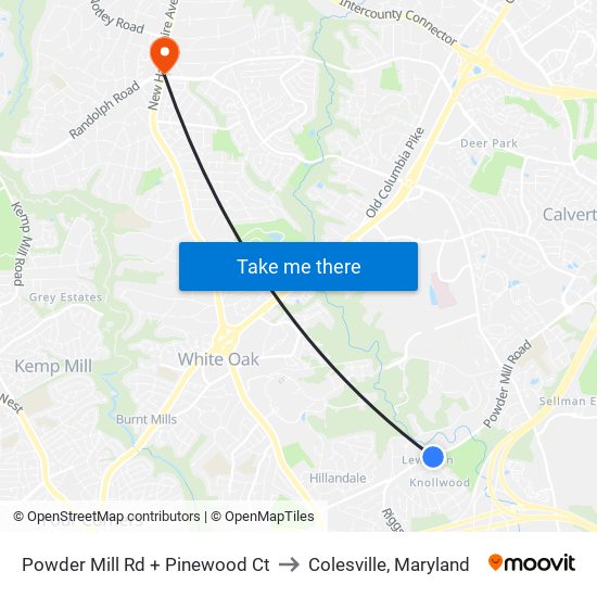 Powder Mill Rd + Pinewood Ct to Colesville, Maryland map