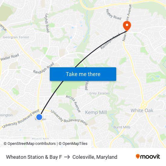 Wheaton Station & Bay F to Colesville, Maryland map