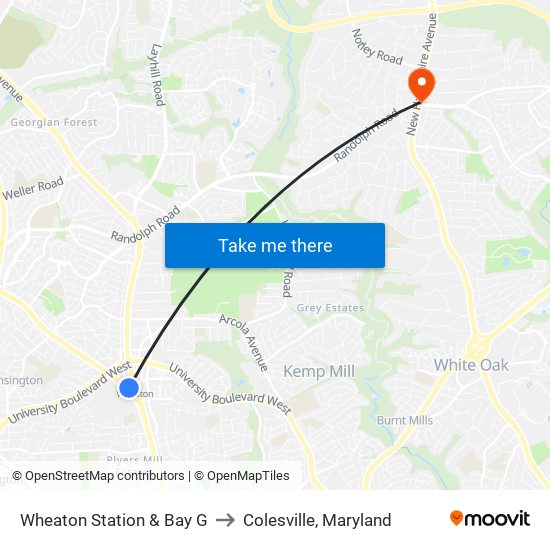 Wheaton Station & Bay G to Colesville, Maryland map