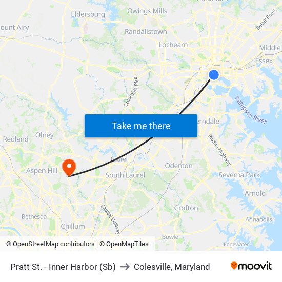 Pratt St. - Inner Harbor (Sb) to Colesville, Maryland map